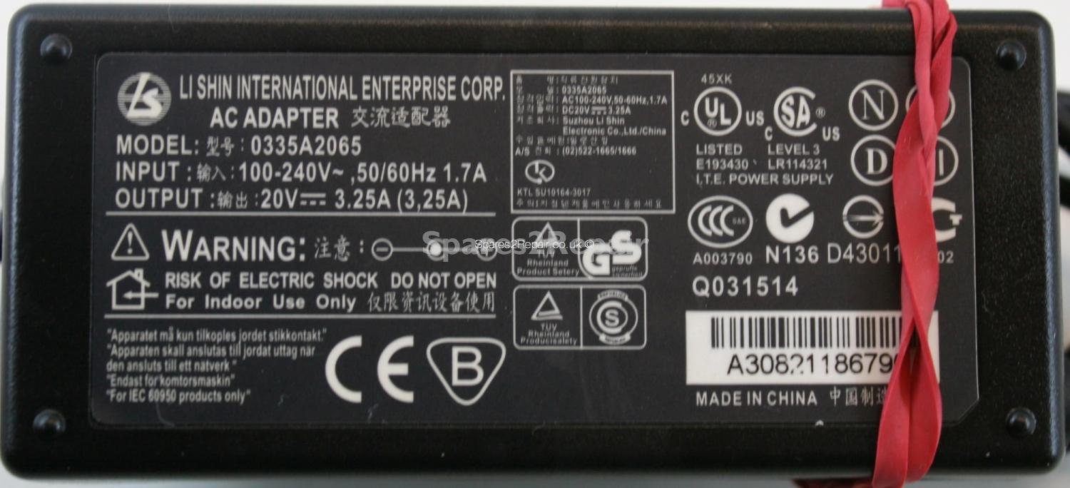 Li Shin - Charger - 0335A2065 - Yellow Tip - 20V 3.25A (Original)