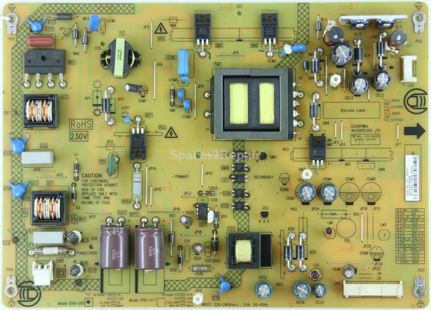 Toshiba 50L4333DG - Power Supply - 4H.B1910.001 /D1 - B191-001 - REV.C - 0433-007W000